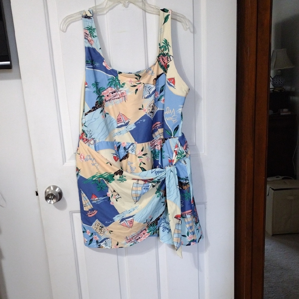 Old Navy Tropical Tie-Waist Bathing Suit- Blue, Cream & Coral NWOT